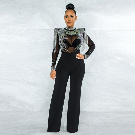 Rhinestone Tassel Shoulder Cotton Polyester Mesh Jumpsuits