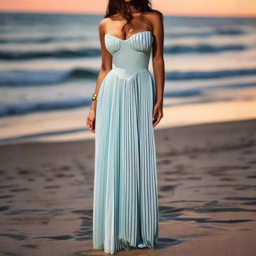 Women's Summer Elegant Pleated Dress Tube Long Dresses