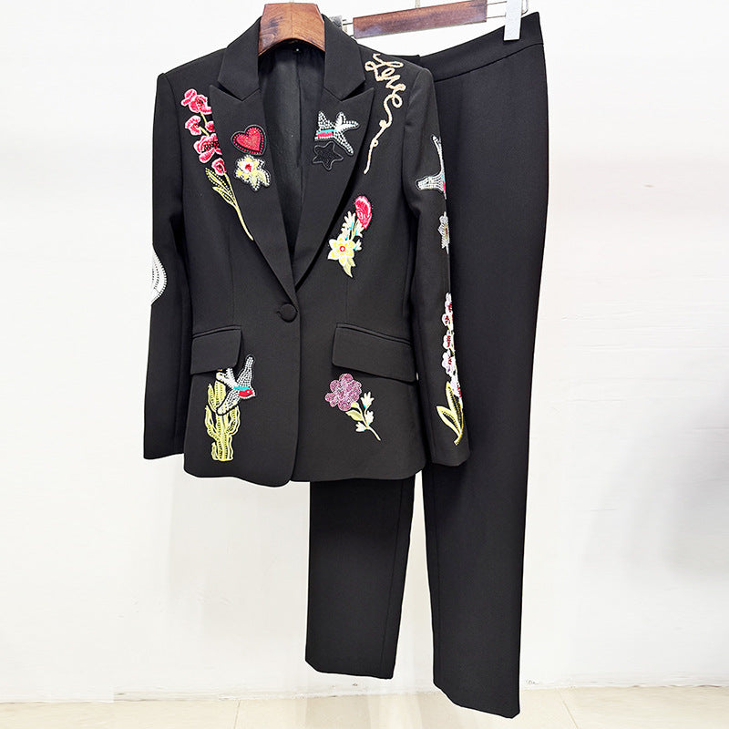 Charming Bead Embroidered Trousers Two-piece Set Jackets