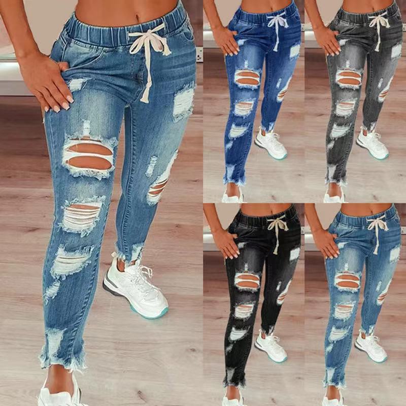 Women's High Waist Retro Preppy Style Ripped Elastic Drawstring Women's Jeans