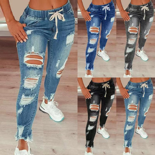 Women's High Waist Retro Preppy Style Ripped Elastic Drawstring Women's Jeans