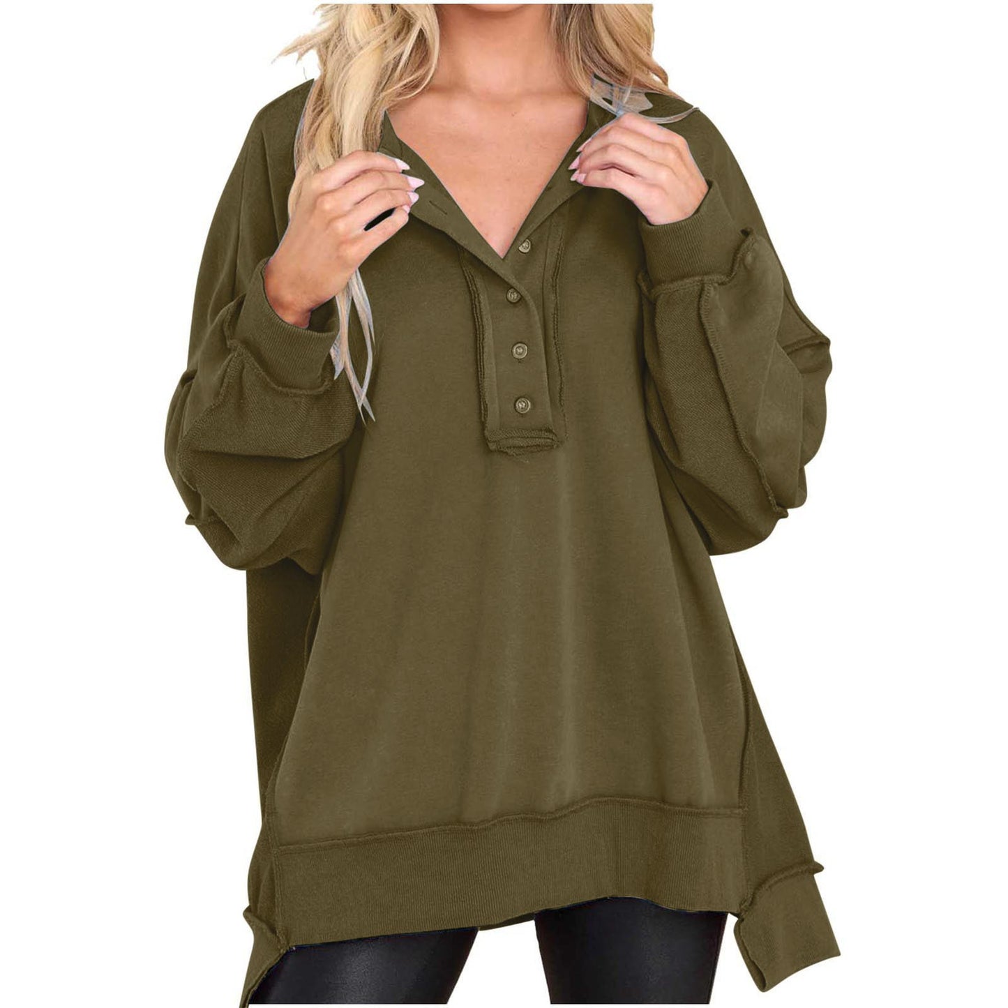 Women's Round Neck Solid Color Buttons Loose Tops
