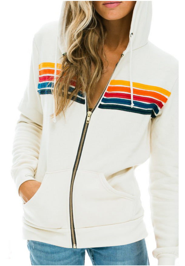 Women's Rainbow Striped Hooded Zipper Sweatshirt Loose Coats