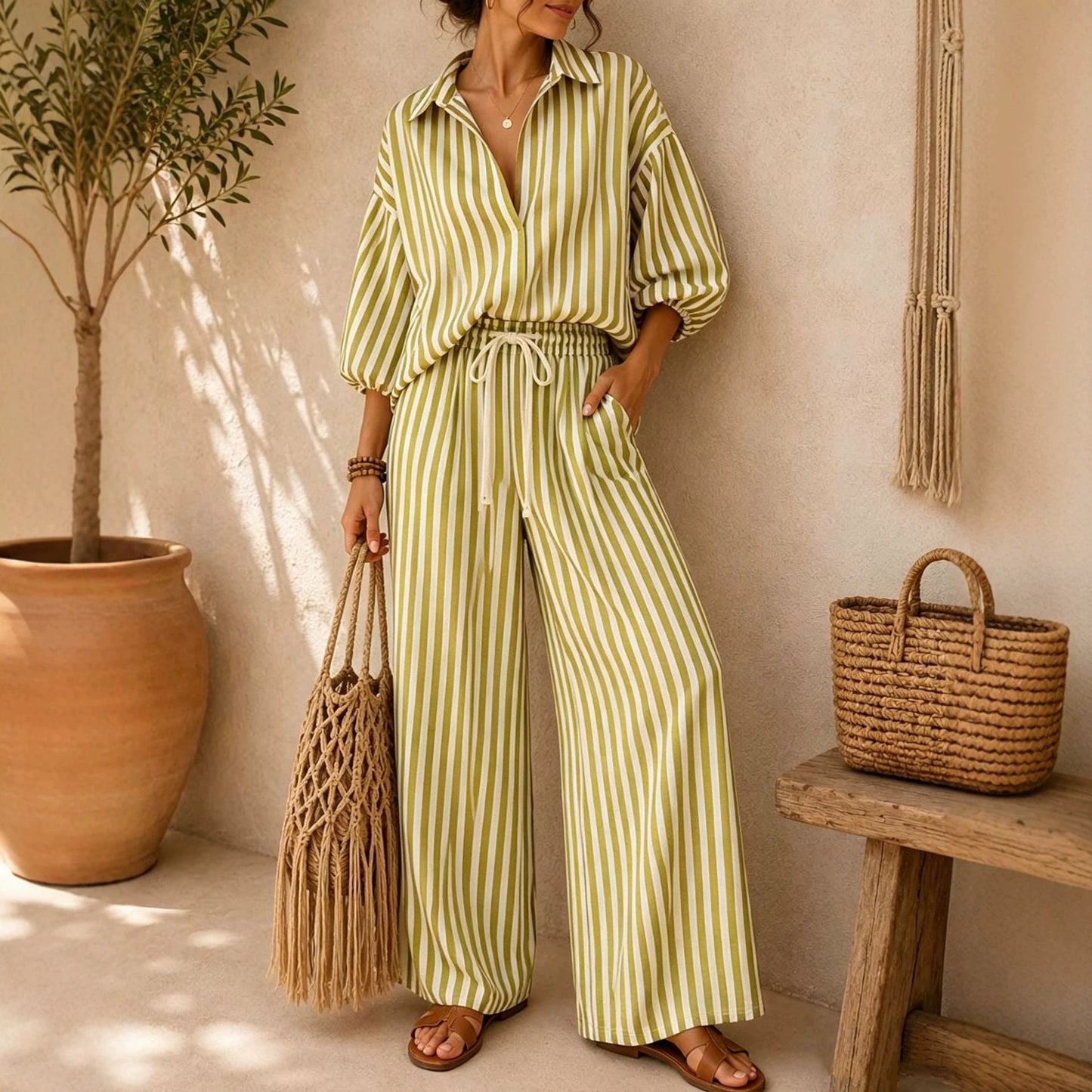 Women's Summer Striped Long-sleeved Loose Two-piece Fashion Casual Suit