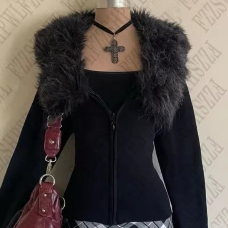 Fashion Retro Design Plush Brim Zipper Coats