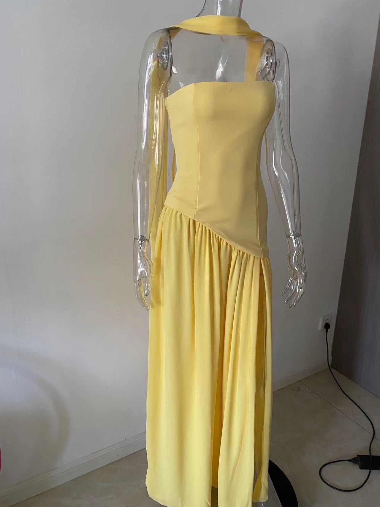 Elegant Contrast Color Tight Zipper Irregular Slit Dresses