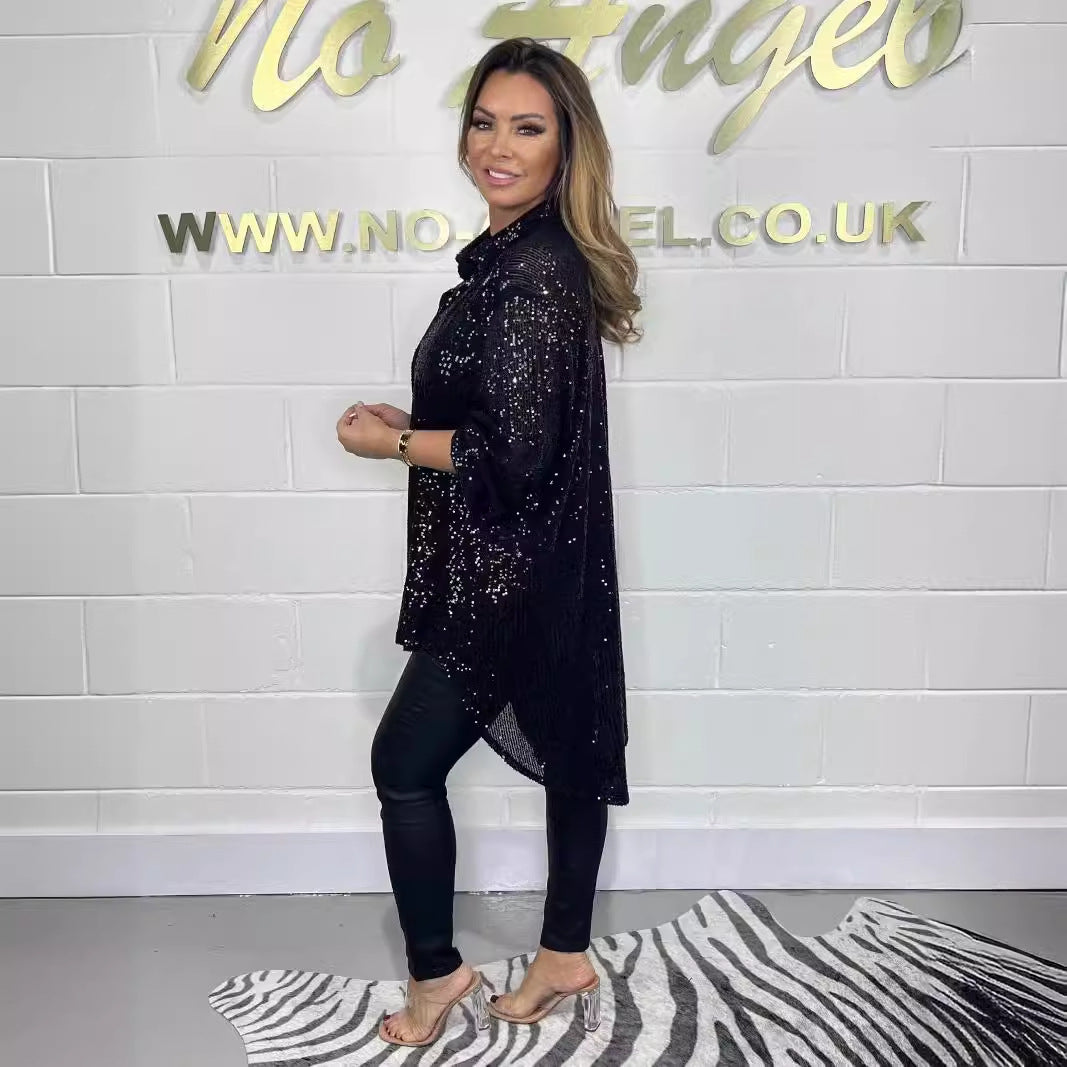 Women's Sequin Lapel Long Sleeve Basic Style Blouses