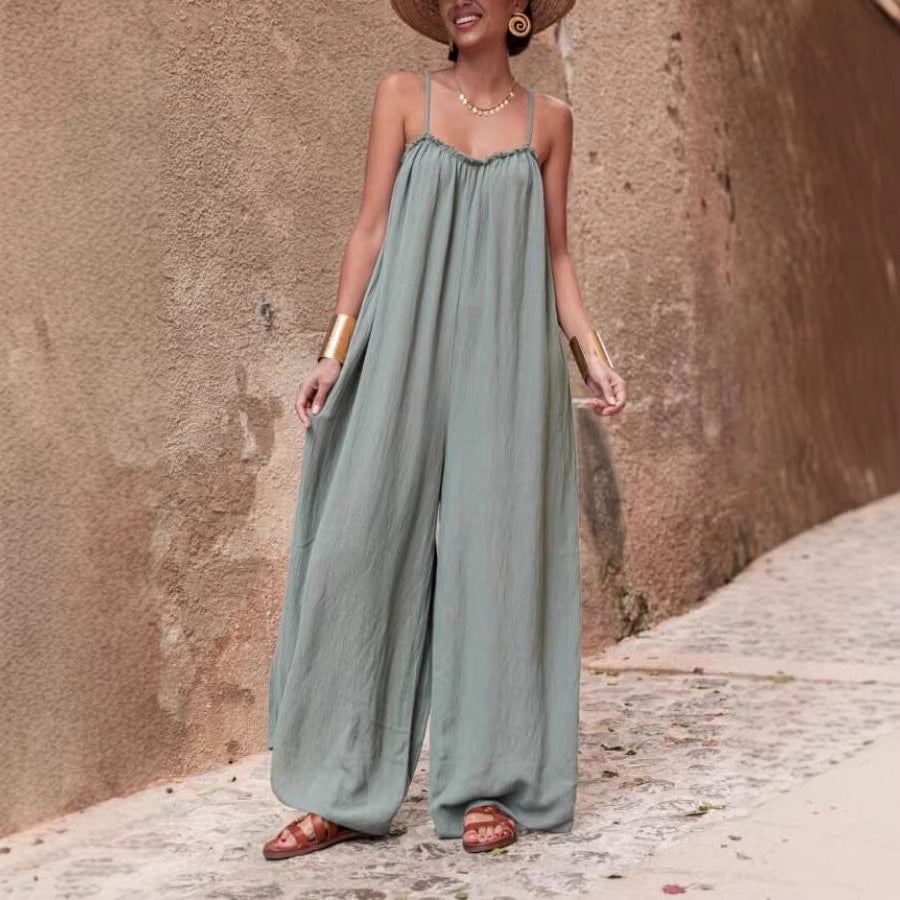 Women's Linen Sling Backless Loose-fitting Vacation Style Women's Jumpsuit/clothing