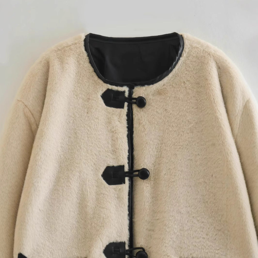 Women's Buckle Decorative Round Neck Faux Fur Jackets