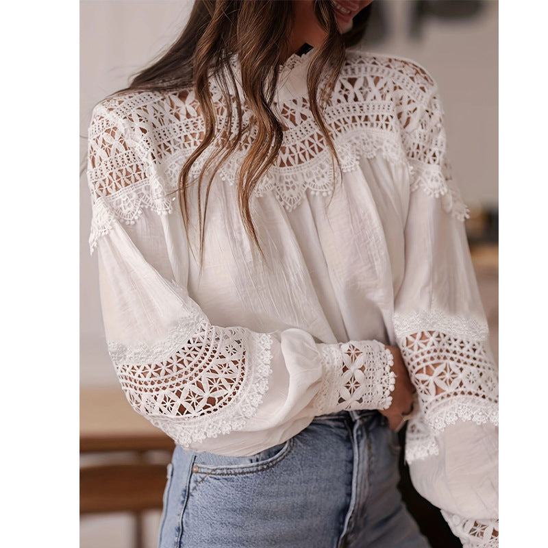 Women's Crocheted Smock Sexy Cutout Bell Sleeve Blouses