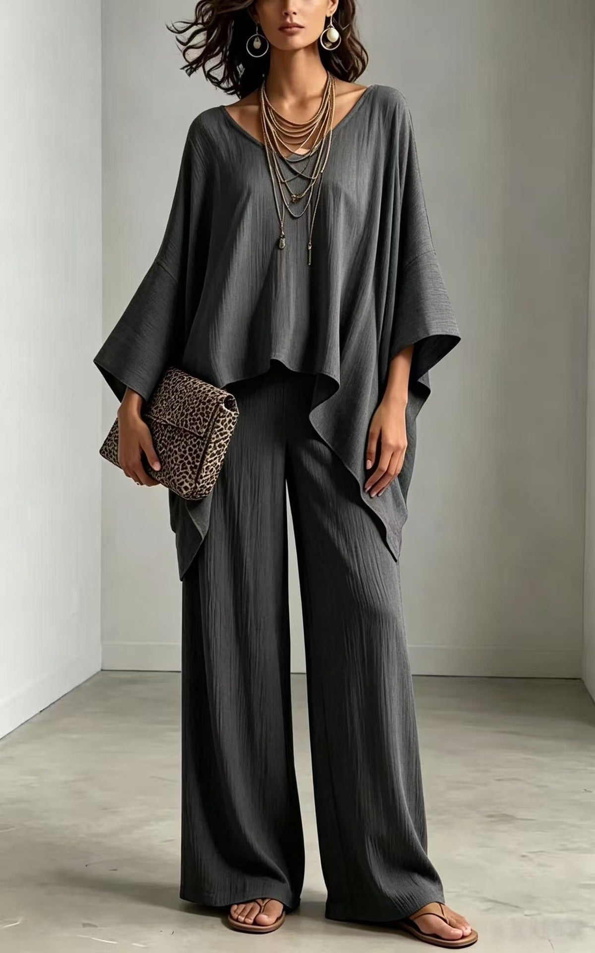 Women's Summer Loose Round Neck Irregular Solid Suits