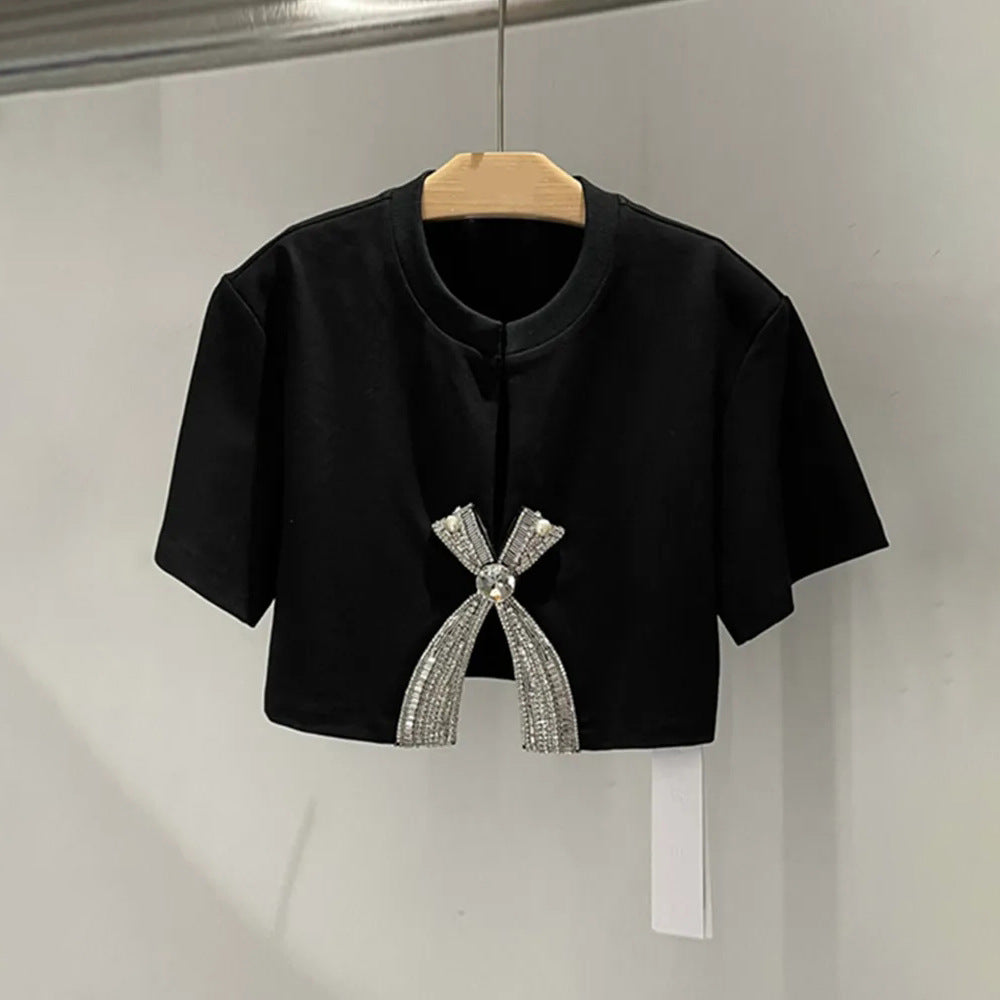 Women's Fashion Simple Rhinestone Bow Short-sleeved Summer Tide Style Women's T-shirt