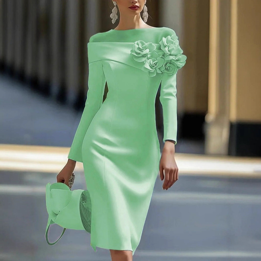 Women's Side Three-dimensional Flower Decoration Solid Color Dresses