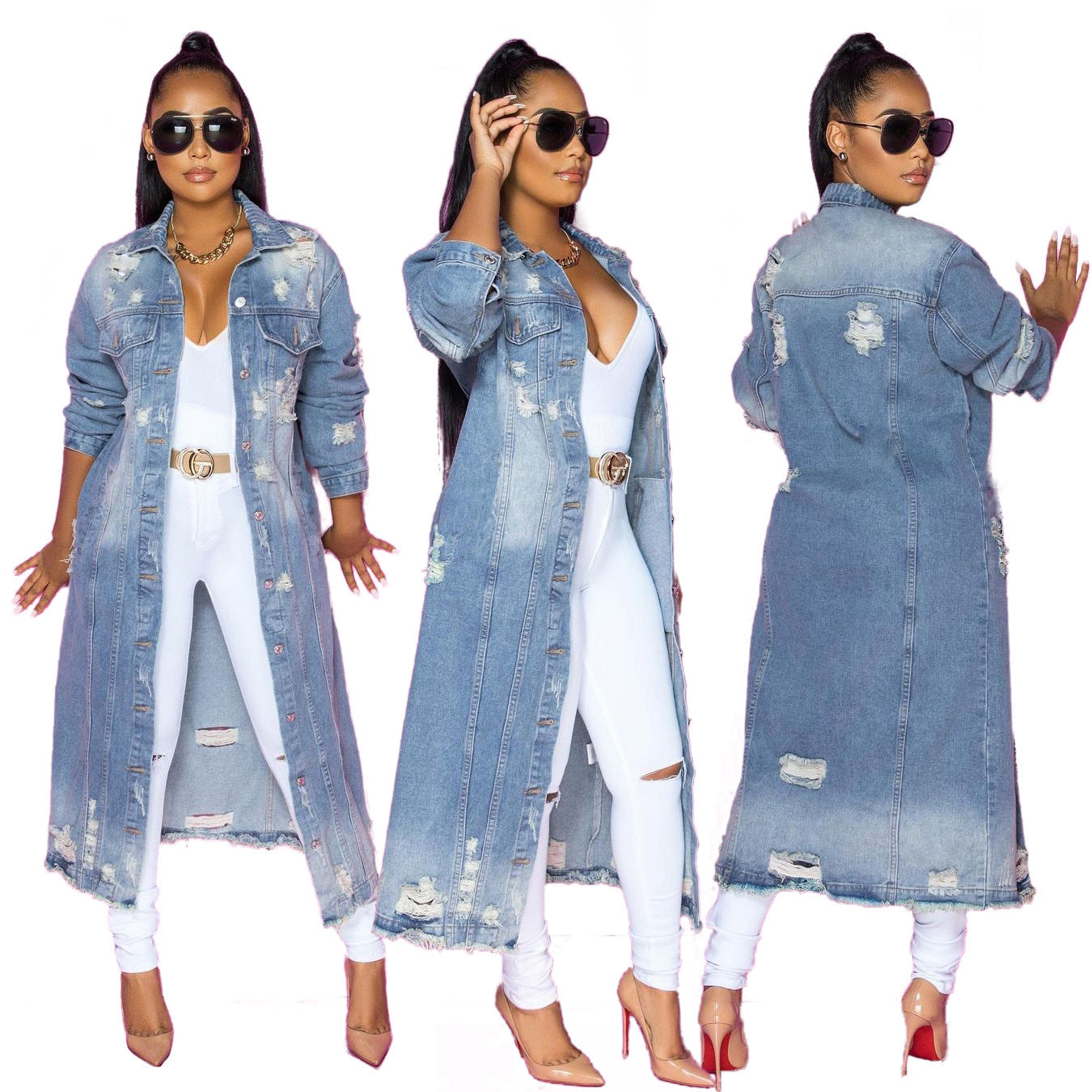 Women's Lapel Style Elegant Denim For Blue Washed Loose Jackets