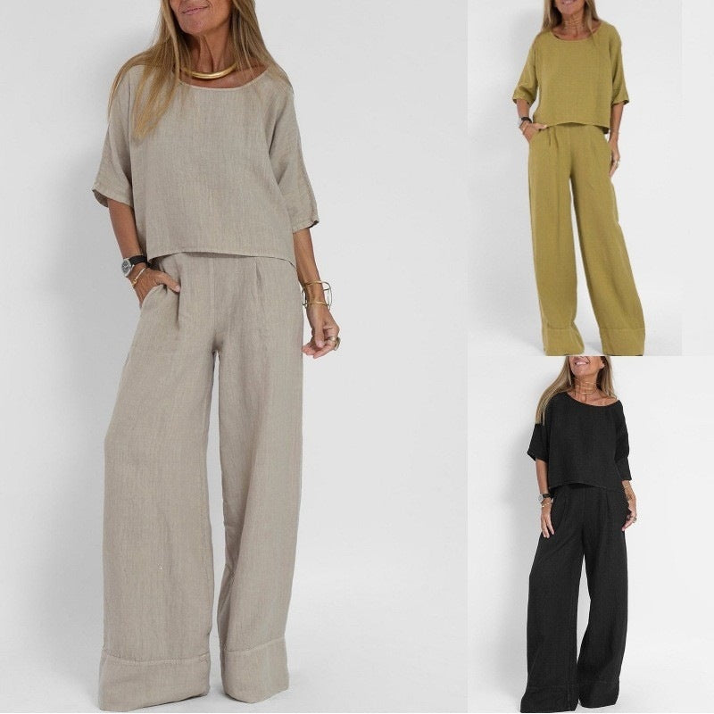 Women's Summer Solid Color Cotton Linen Sleeve Loose Wide Fashion Casual Suit