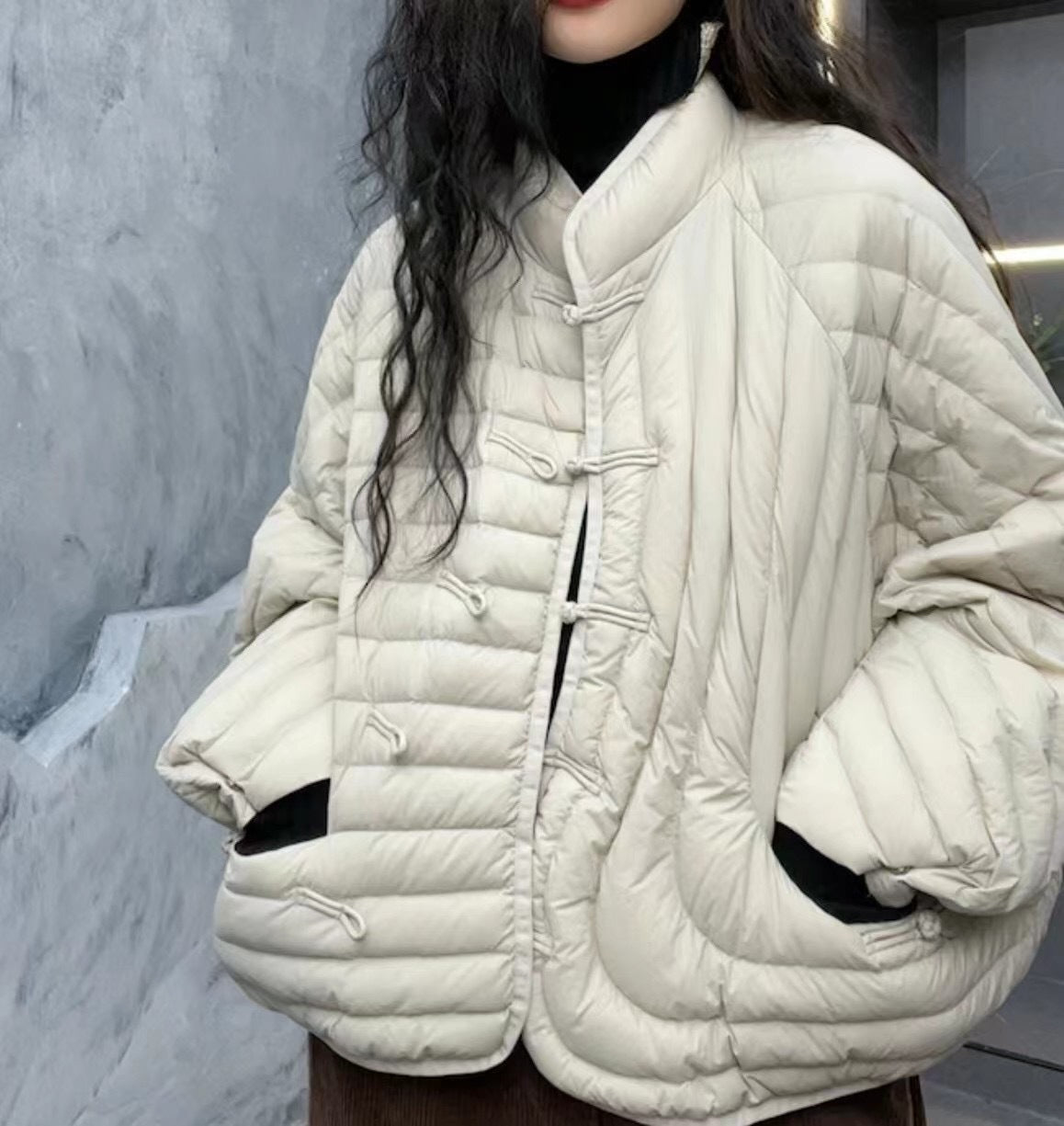 Women's White Duck Down Stand Collar Buckle Jackets