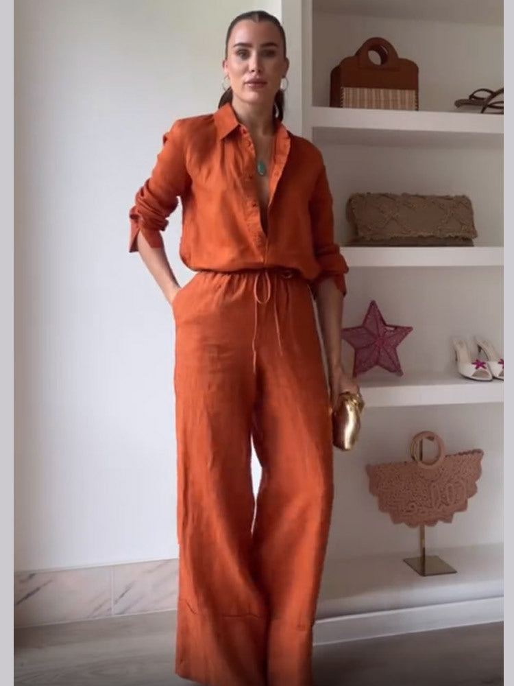 Women's Solid Color Shirt Pocket Trousers Casual Lace Suits