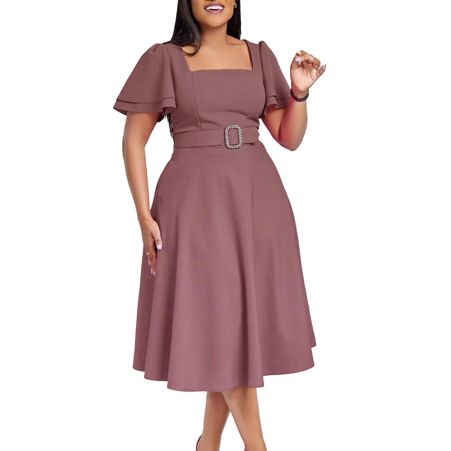 Women's Fashion Flared Sleeves Square Collar High Waist Pure Dress