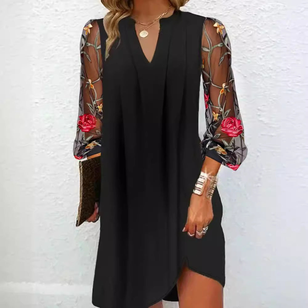 New Women's Summer Long-sleeved Floral Pleated Dress