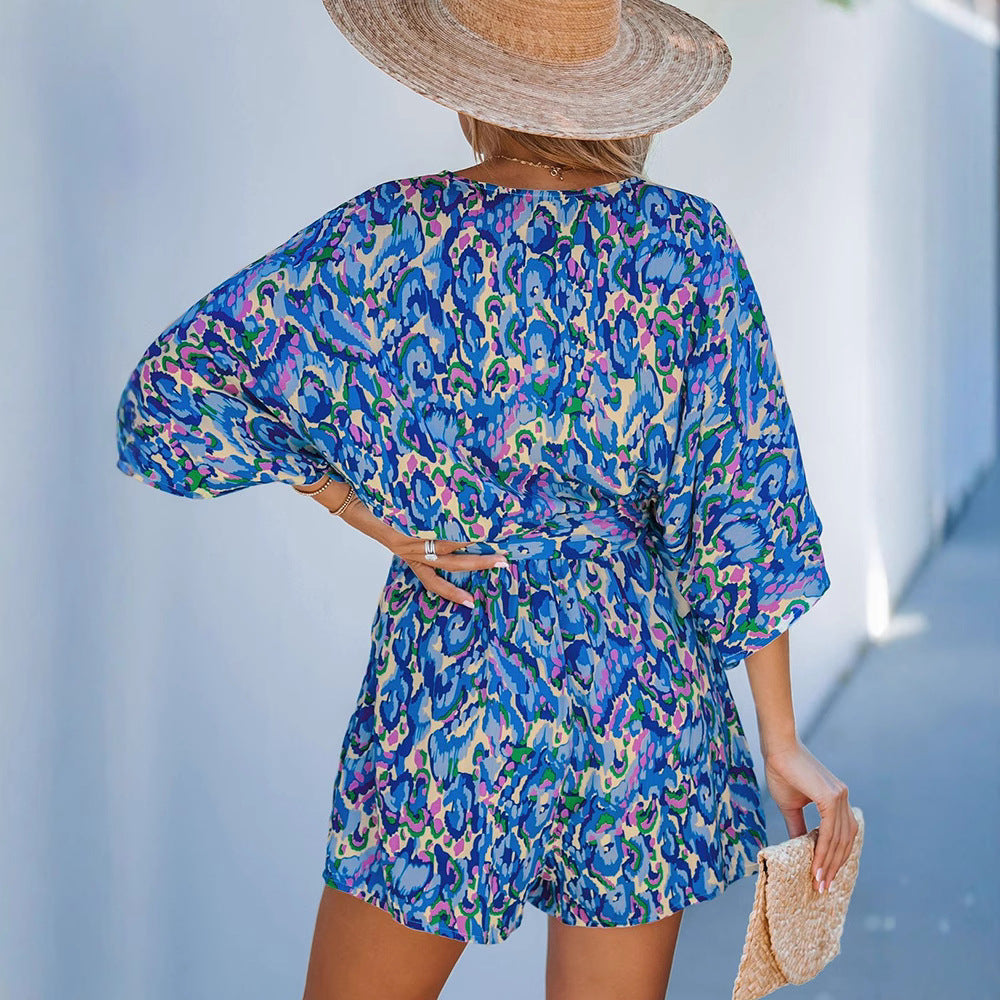 Women's Summer Printed Batwing Sleeve Loose Casual Jumpsuits