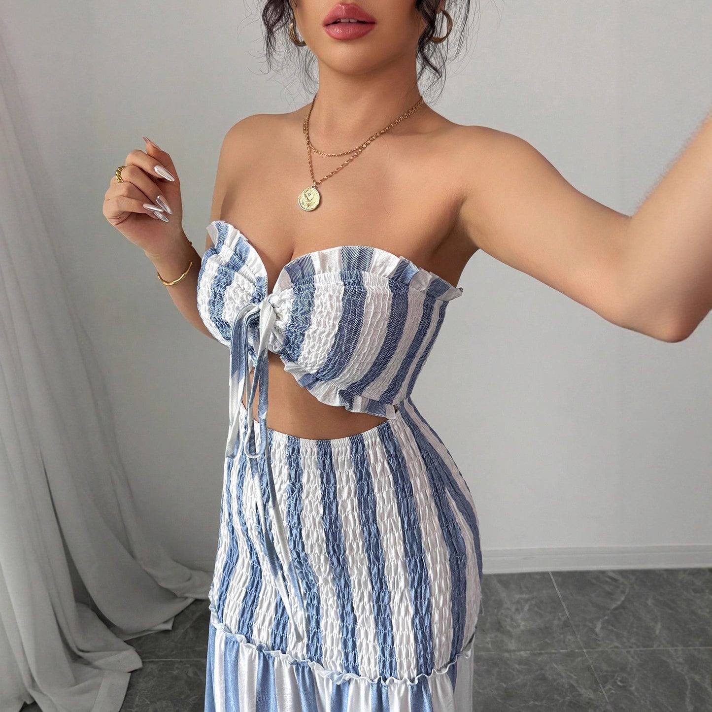 Women's Fashion Wear Striped Slim Fit Long Dress