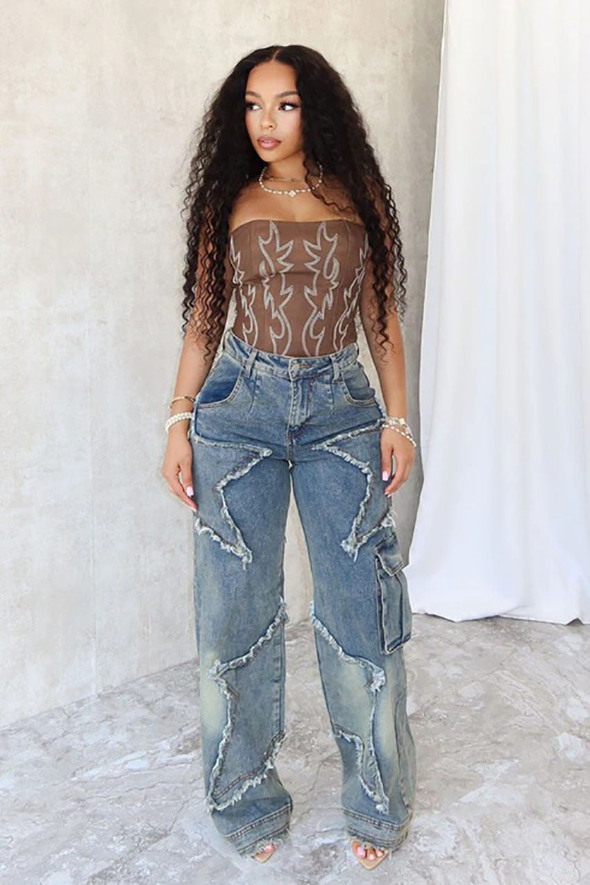 Women's Fringed Burr Loose Straight Casual Jeans