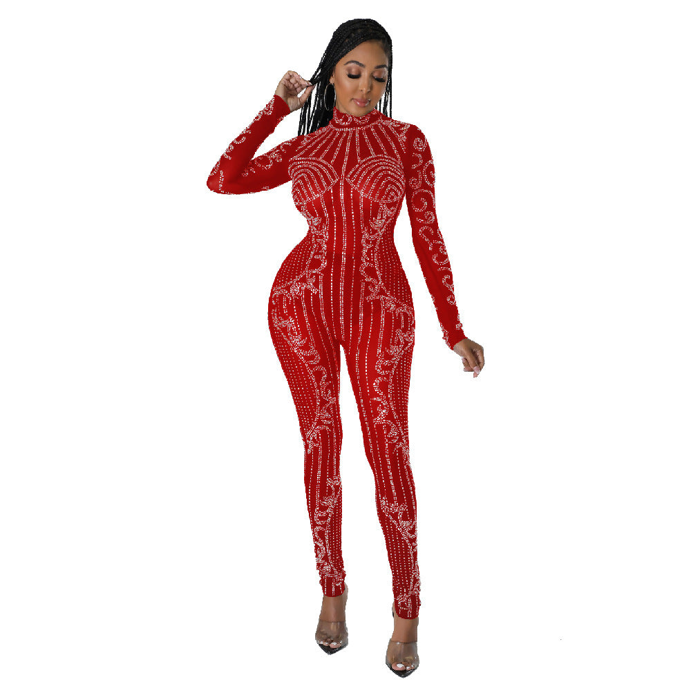 Flattering Rhinestone Long Sleeve Banquet One-piece Jumpsuits