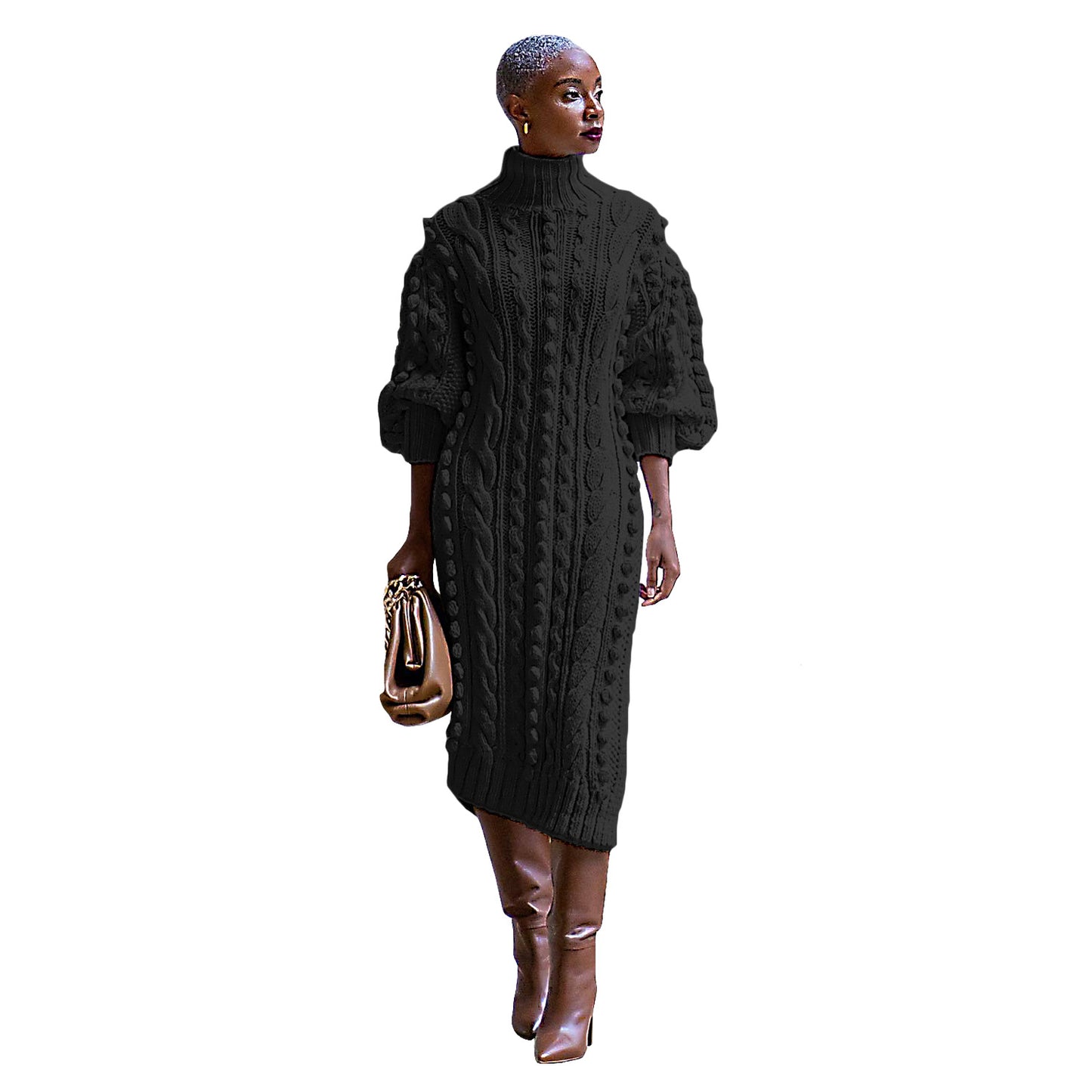 Women's Casual Turtleneck Slit Knitted Long Dress Sweaters