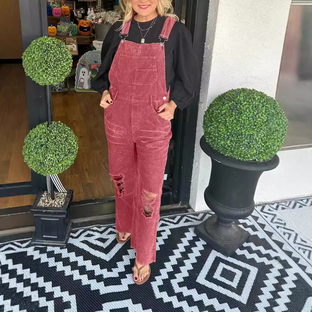 Women's Versatile Corduroy Button Pocket Ripped Suits