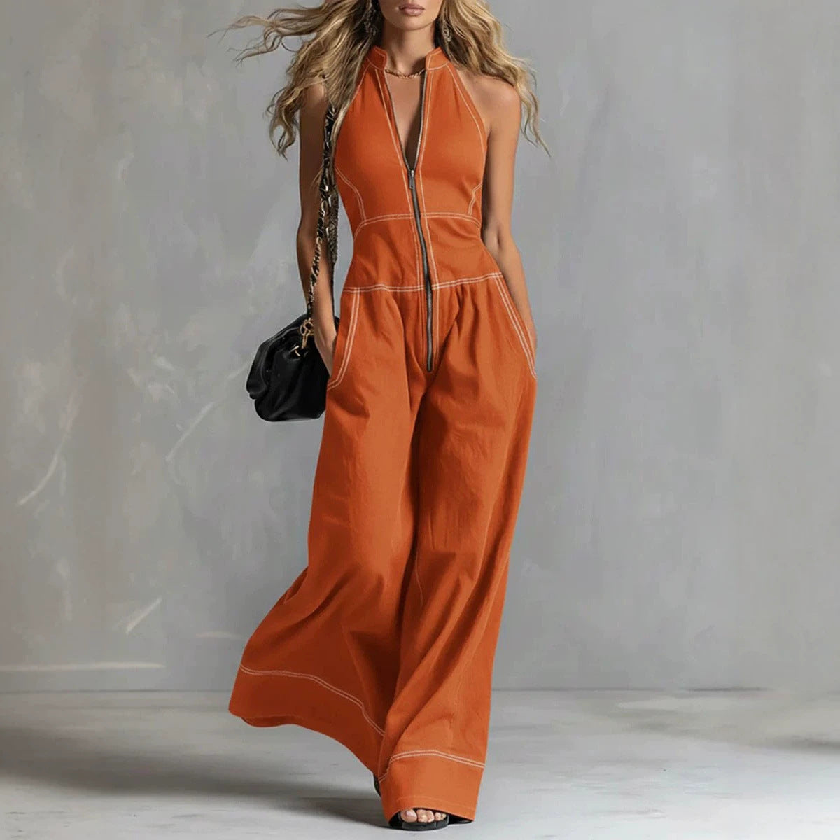 Fashion Monochrome Stand Collar Sleeveless Loose Casual Women's Jumpsuit/clothing