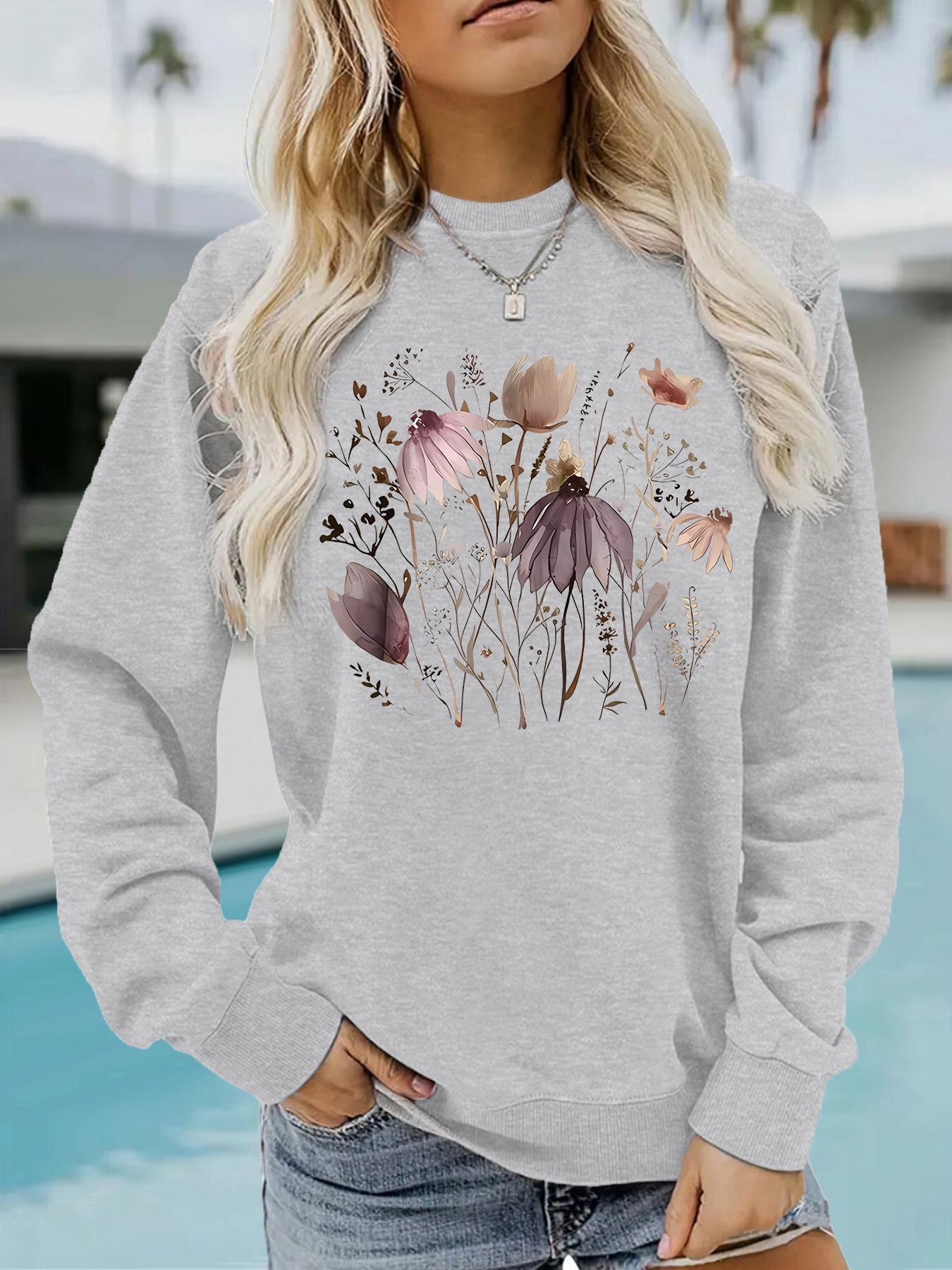 Women's Graphic Print Crew Neck Casual Long Women's Sweater, Sweater