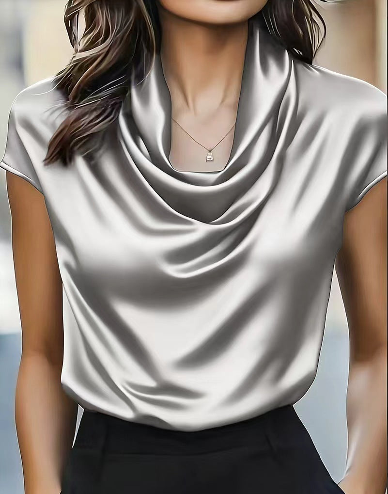 Women's Swing Collar Draping Effect Short-sleeved Shirt Tops