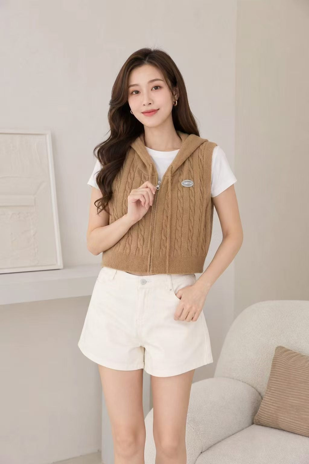 Women's Hooded Twist Waistcoat Outer Wear Loose Cardigans