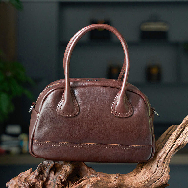 Women's Full Tree Cream Vegetable Tanning Leather Bowling Handbags