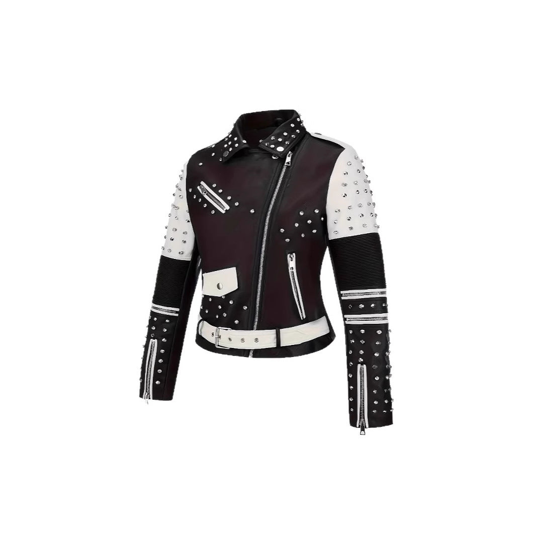 White Contrast Color Rivets Leather Metal Jackets