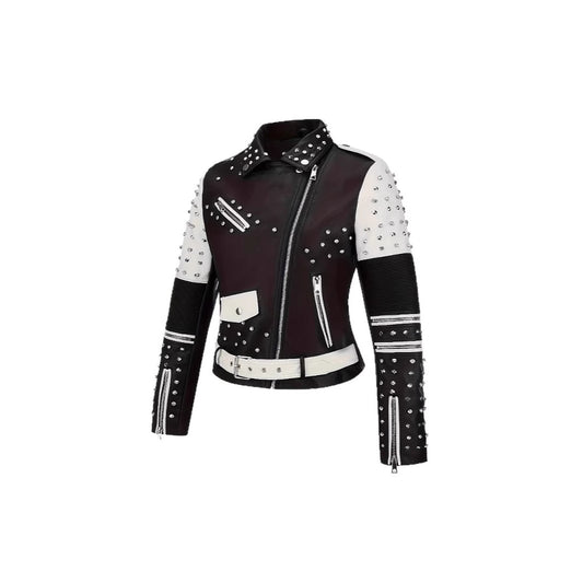 White Contrast Color Rivets Leather Metal Jackets
