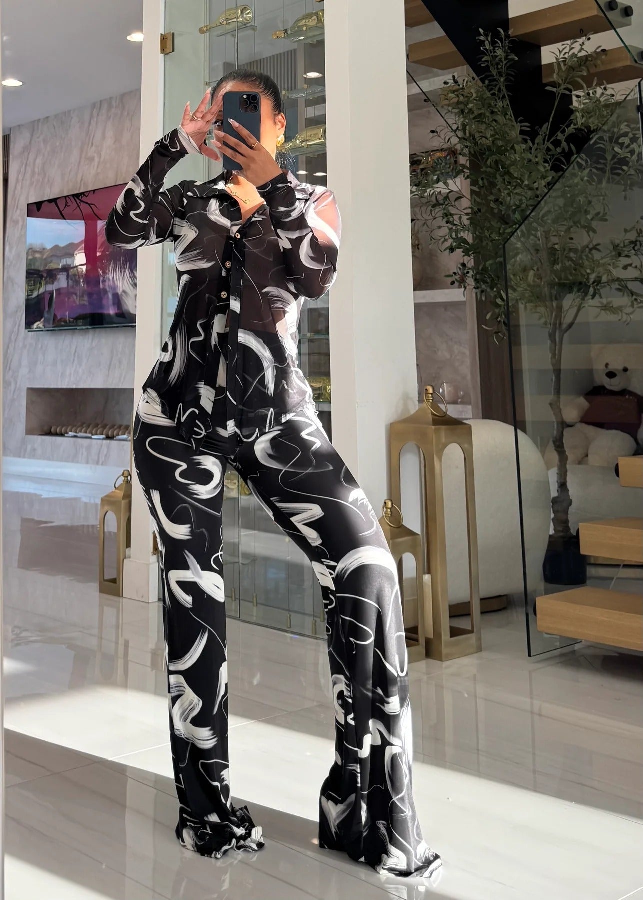 Women's Printed Mesh Lapel Long Sleeve Button Flared Cardigans