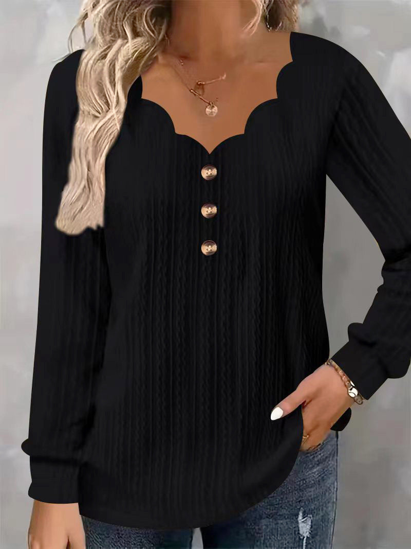 Women's Solid Color Scallop Front Button Long Women's T-shirt