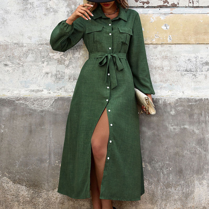 Women's Collar Green Long Sleeve Solid Color Dresses