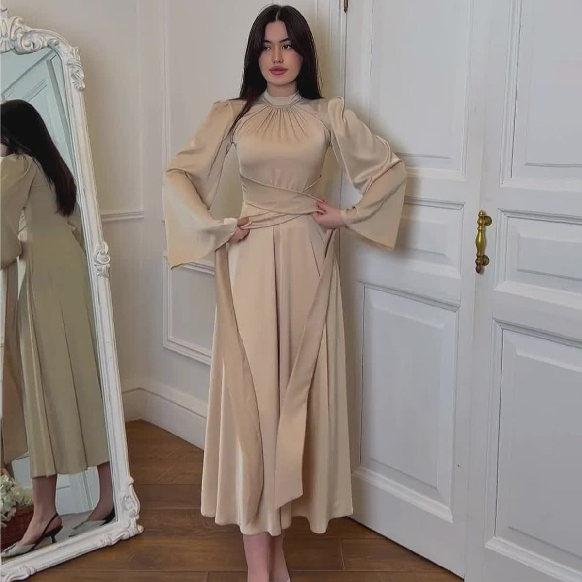 Spring Solid Color Satin Princess Style Waist Dresses