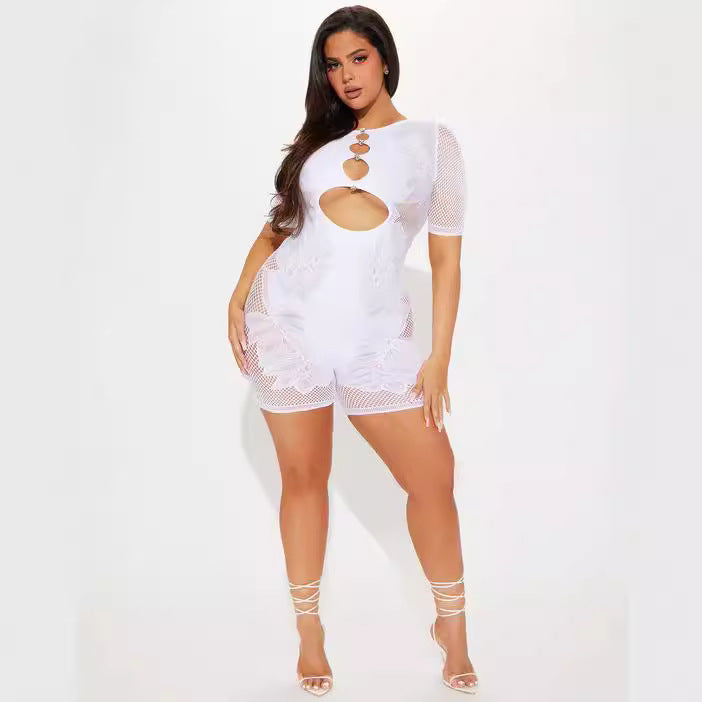 Women's Knitted Sexy With Diamonds Pure White Sleeve Hollowed Jumpsuits