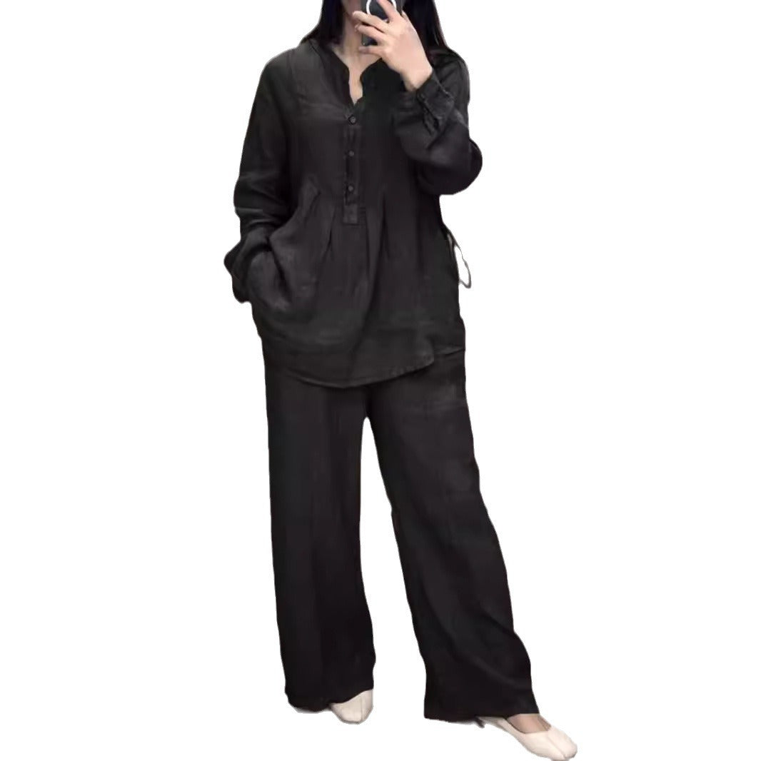 Autumn Comfortable Cotton Linen Long Sleeve Half Pleating Fashion Casual Suit