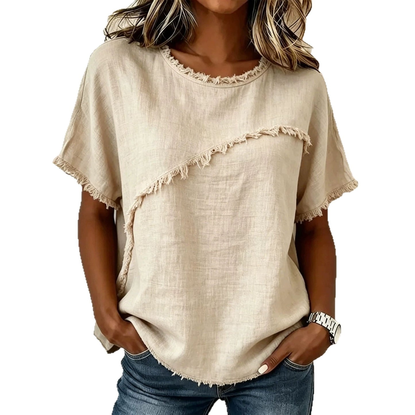 Women's Neck Casual Raw Edge Panel Loose Women's T-shirt