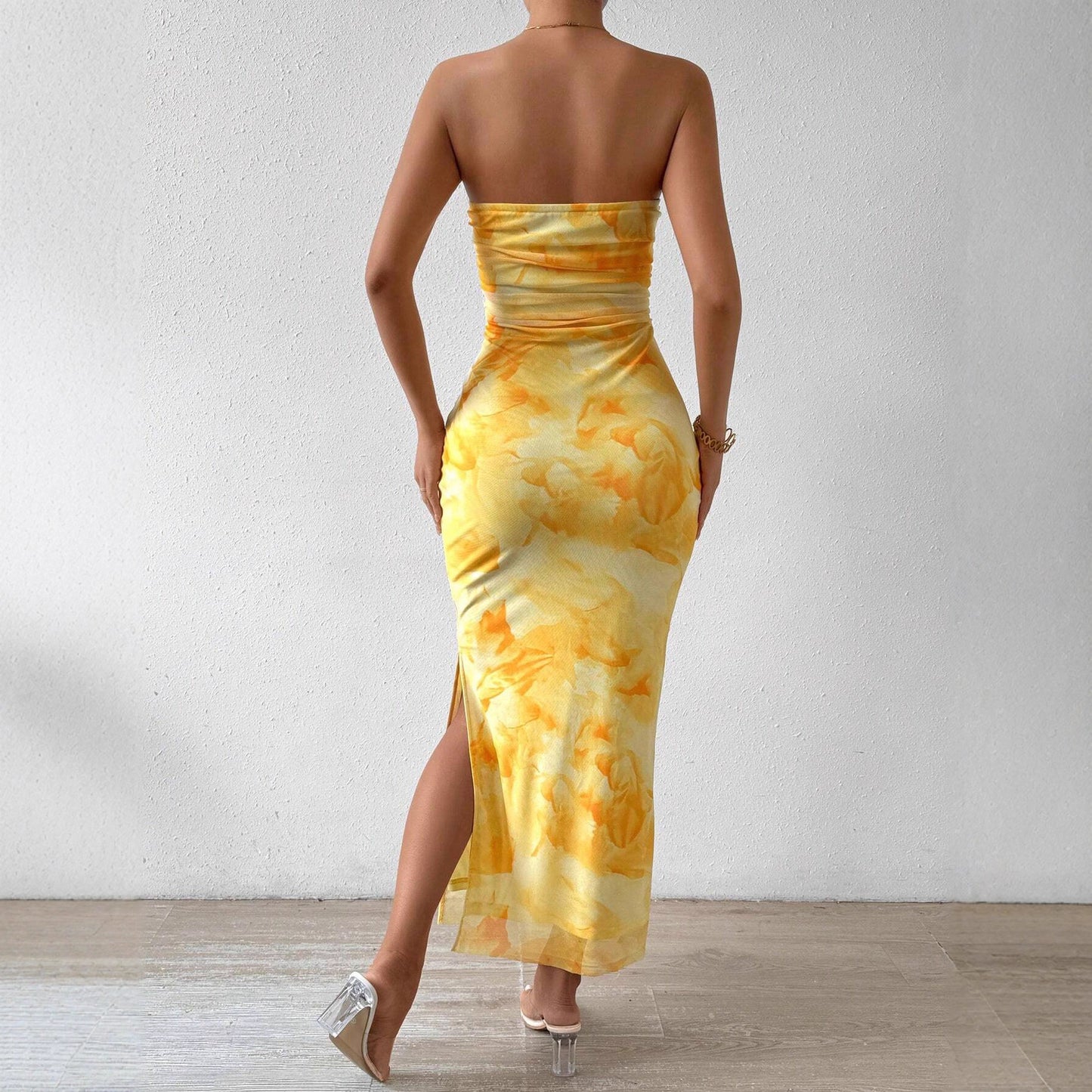 Women's Mesh Floral Print High Waist Slit Dress