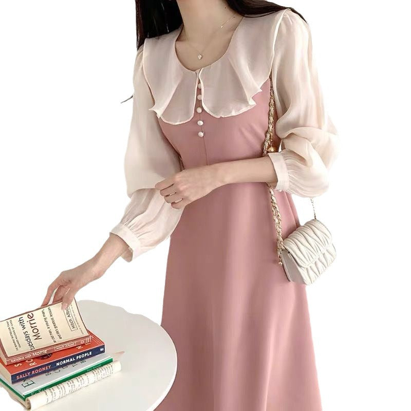 Women's Temperament Ruffled Stitching Fake Two-piece Waist Puff Dress