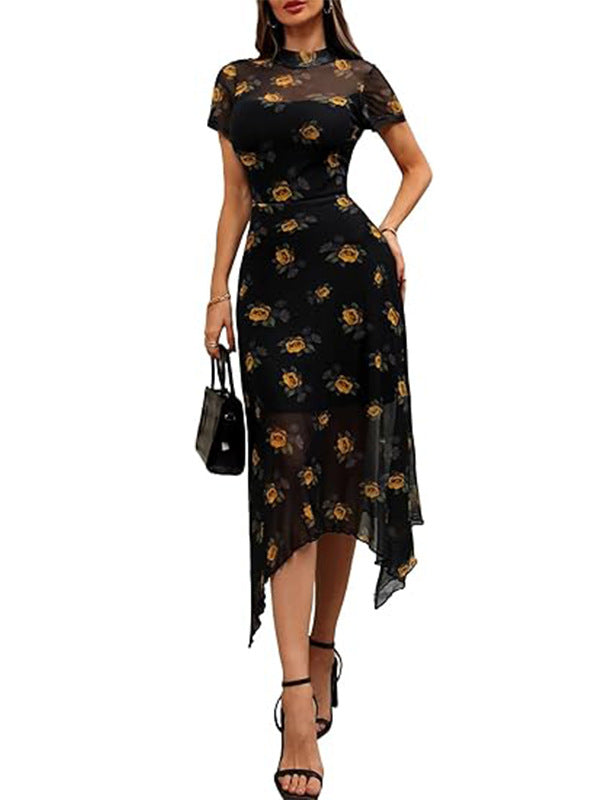 Floral Vintage Irregular Mid-length Dress Summer Dresses