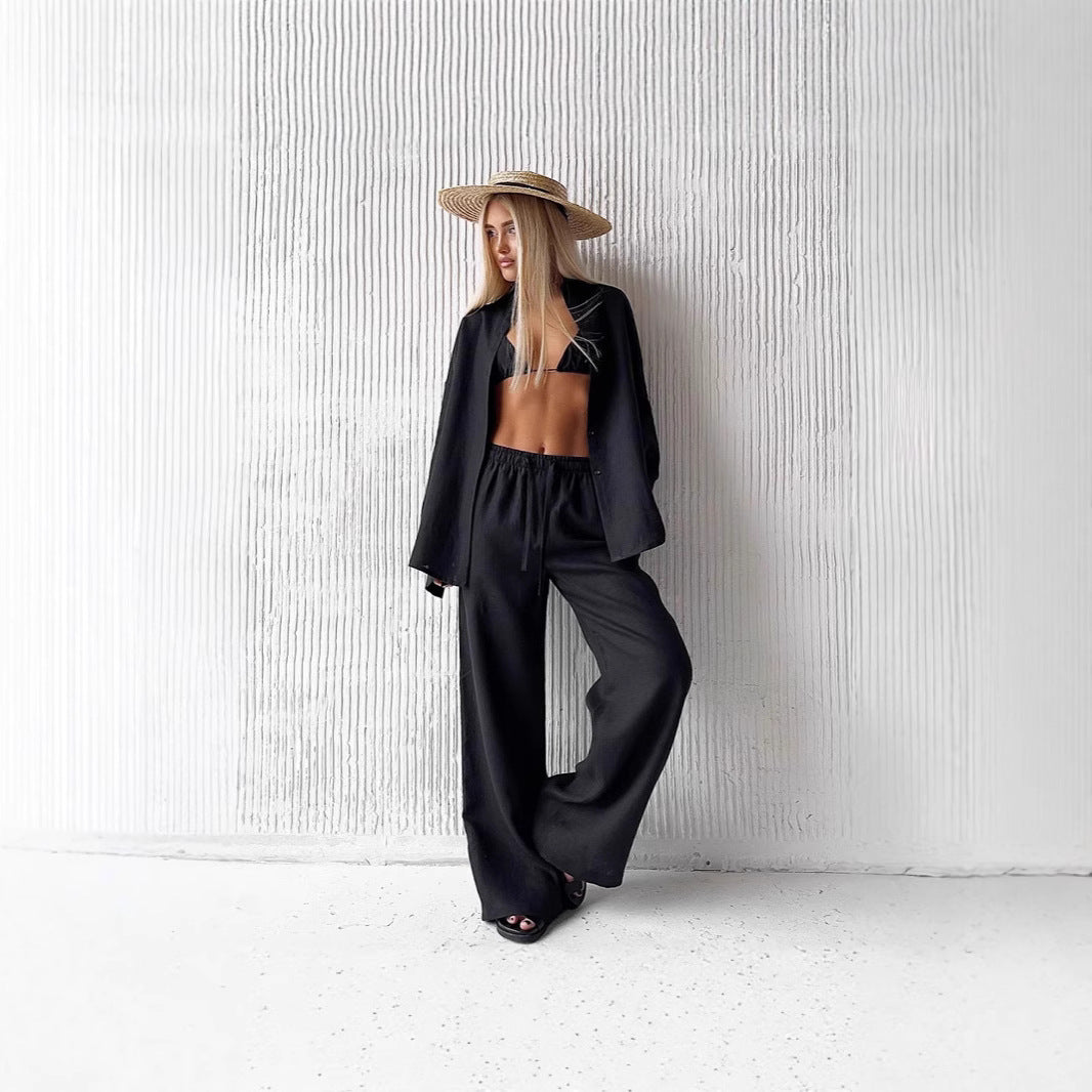 Women's Vacation Style Long-sleeved Shirt Two-piece Pants