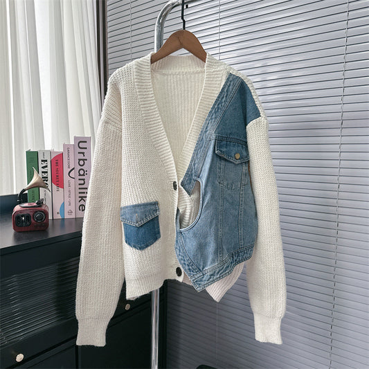 Women's Sense Irregular Denim Stitching Korean Style Loose Knitwear