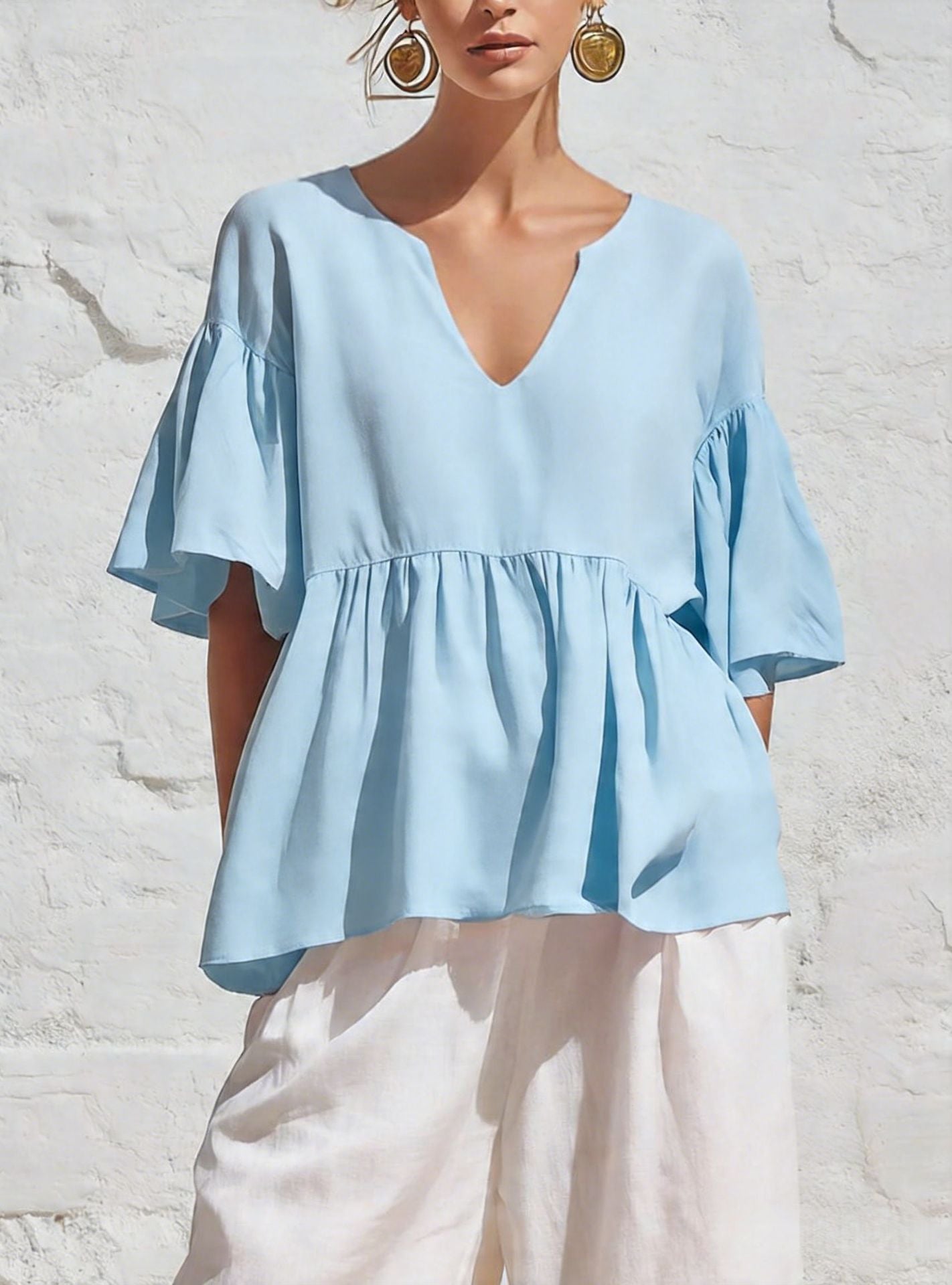 Lazy Ruffled Half Sleeve Cotton Linen Summer Women's T-shirt