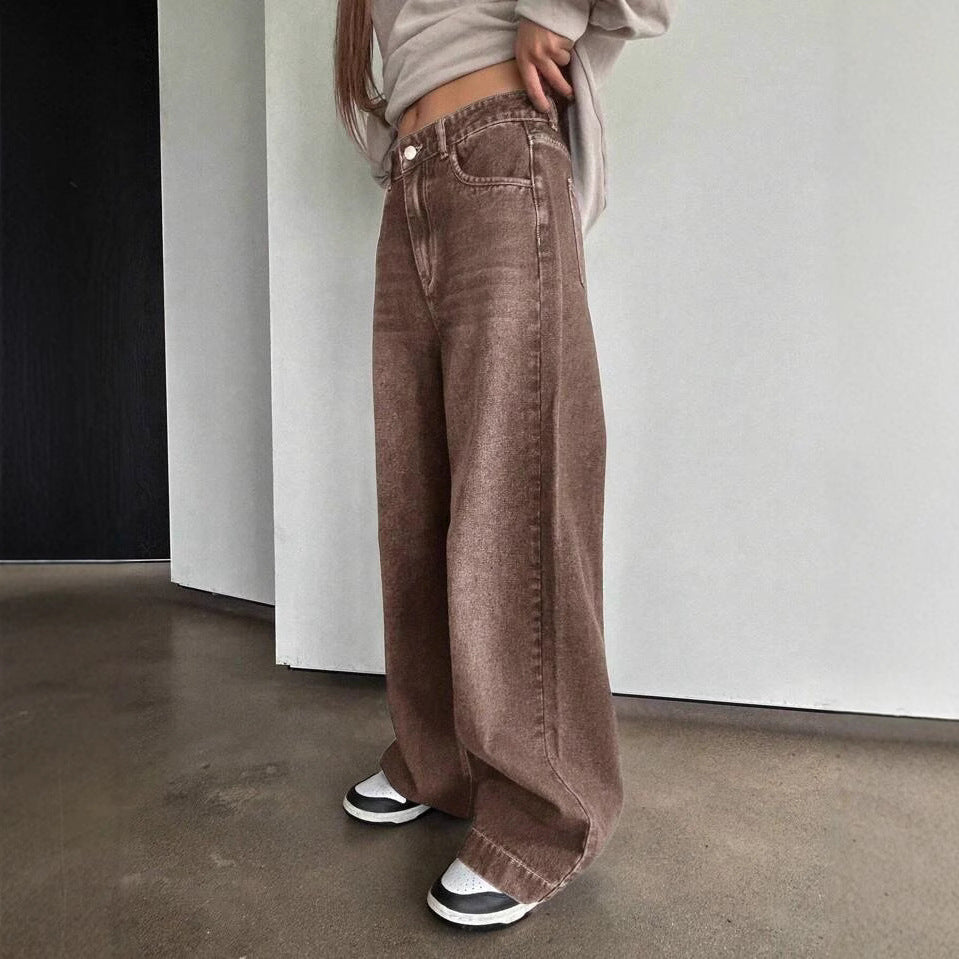 Women's High Waist Straight Coffee Color Washed Jeans